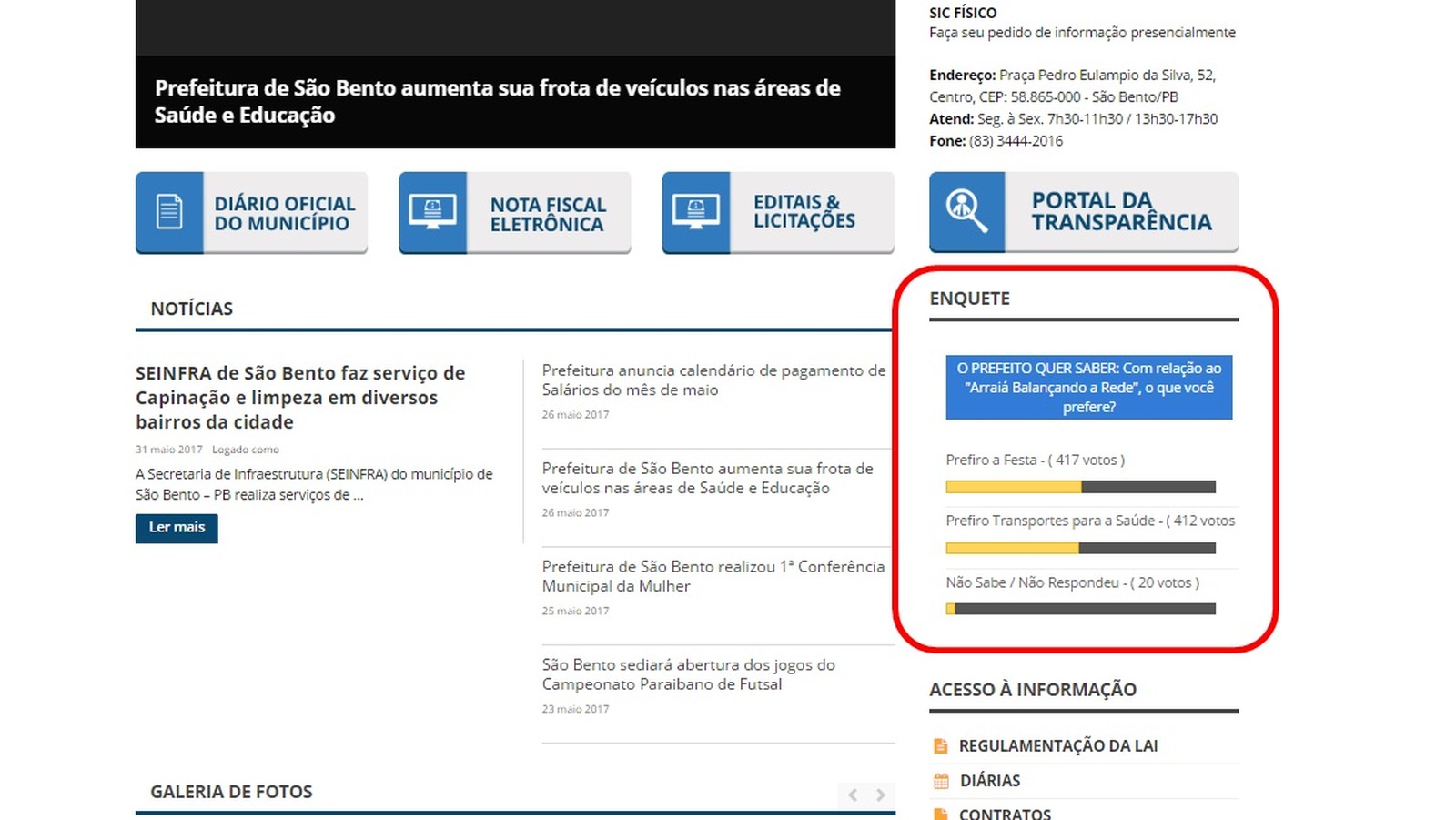 Enquete está sendo feita no site oficial da prefeitura de São Bento, na Paraíba (Foto: Reprodução/Site da prefeitura de São Bento)