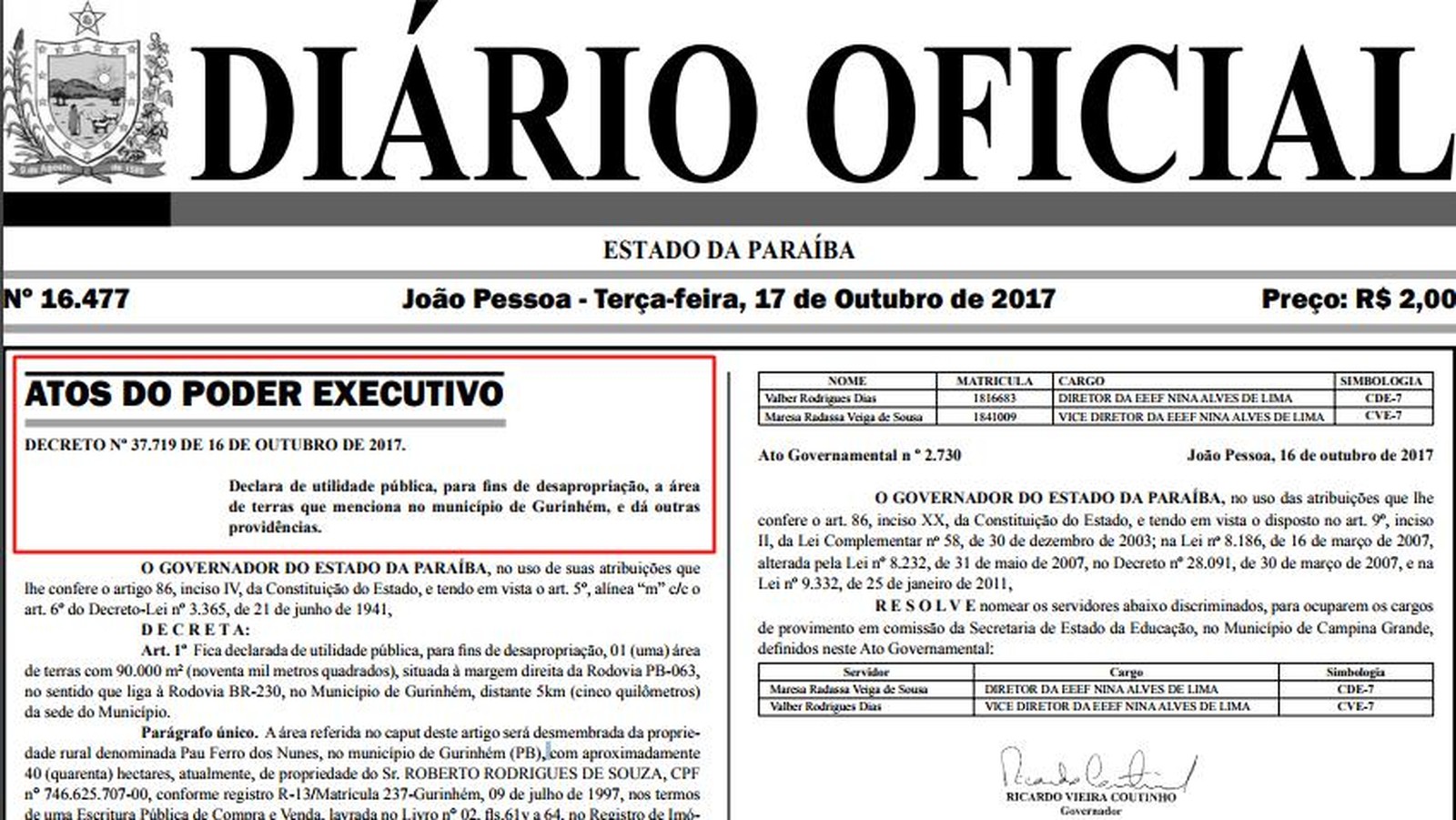 Diário Oficial do Estado da Paraíba trouxe desapropriação da área em Gurinhém (Foto: Reprodução/Diário Oficial do Estado da Paraíba)