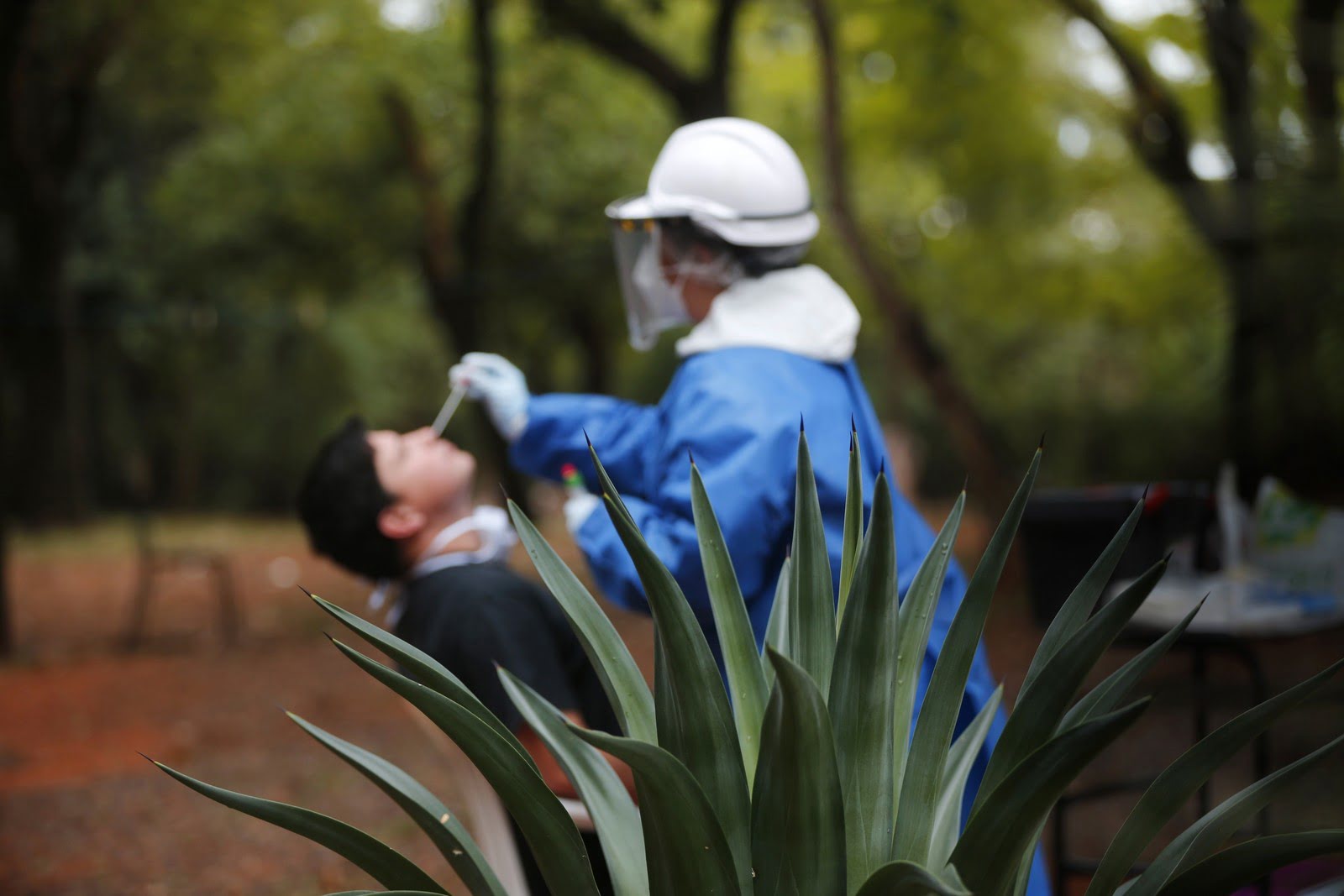 Enfermeira do Ministério da Saúde do Paraguai testa homem que retornou do exterior em Luque neste sábado (2) — Foto: Jorge Saenz/AP Photo