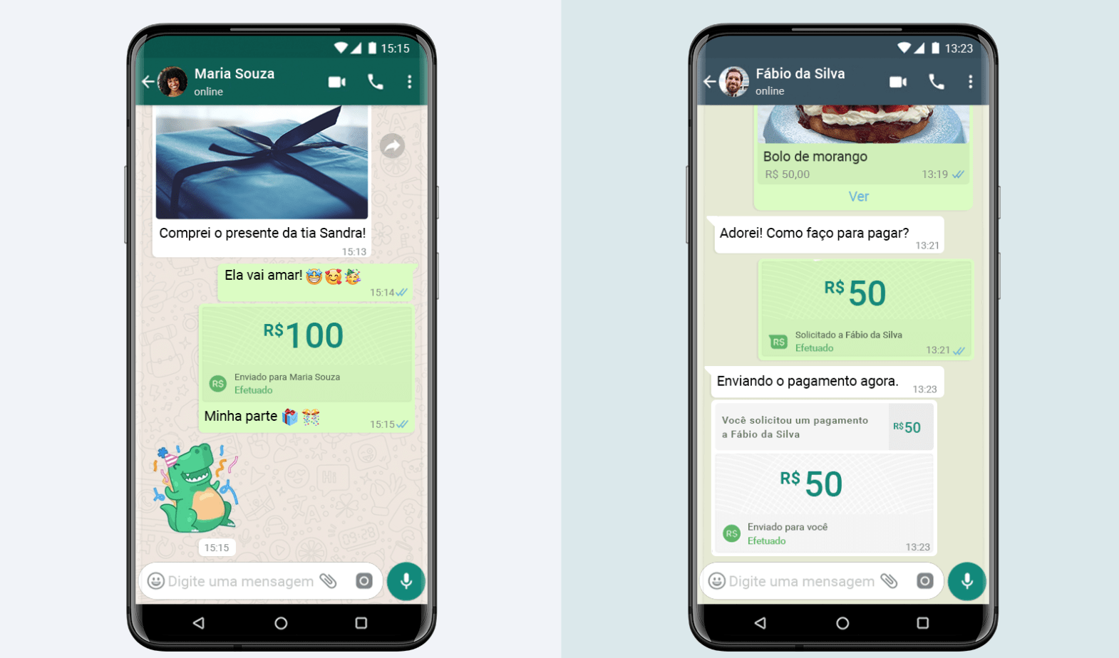 Tela representando a opção de efetuar pagamentos pelo aplicativo WhatsApp. O serviço não cobra taxas de pessoas físicas