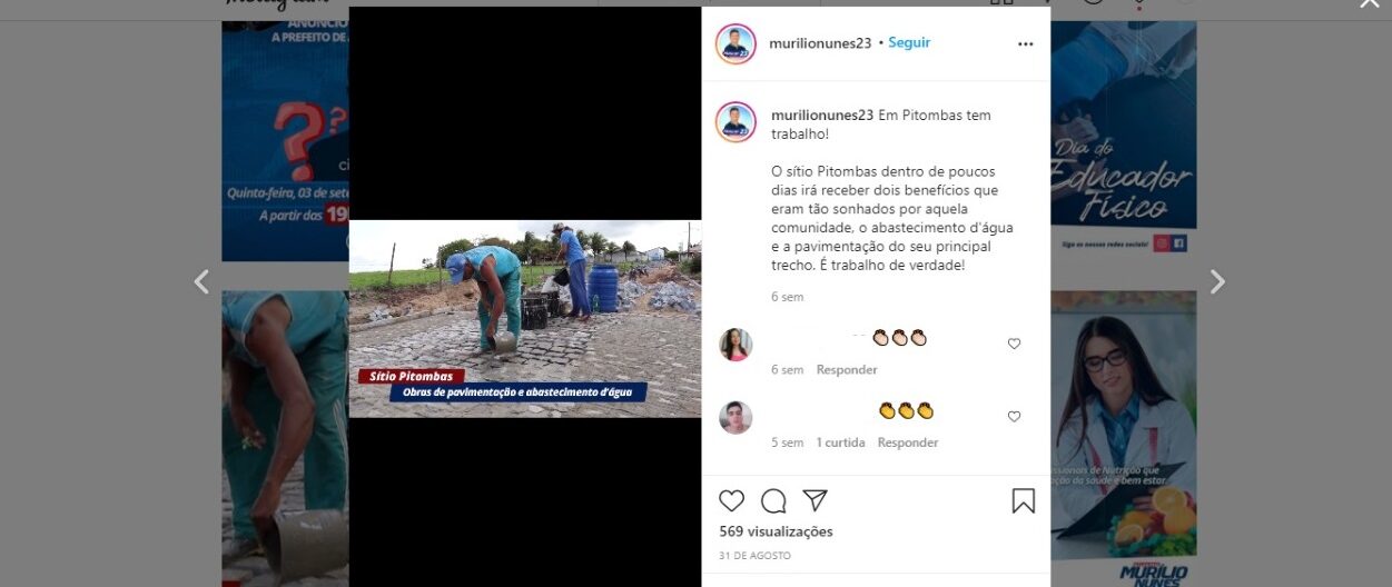 Até às 17h49 desta segunda-feira (12), publicações com obras realizadas pela Prefeitura estavam disponíveis no perfil do candidato (Foto: Reprodução/Instagram)